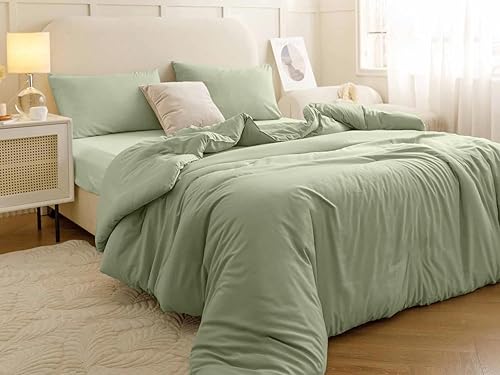 Miniatura 4 de Nanko Juego de funda de edredón tamaño matrimonial, color verde salvia, 3 piezas, 80 x 90 pulgadas, microfibra de lujo, funda de consoladoredredón