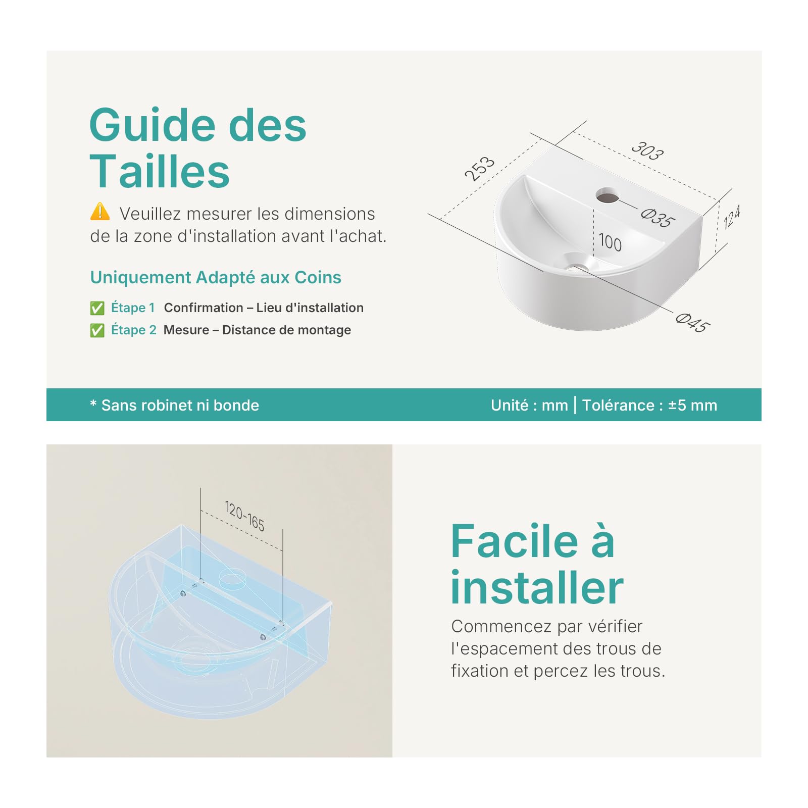 EMKE Lavabo Semi-Circular 303x255x120 mm Lavabo suspendido a la pared, lavabo de cerámica para inodoro Invitados y baño, diseño moderno, blanco brillante