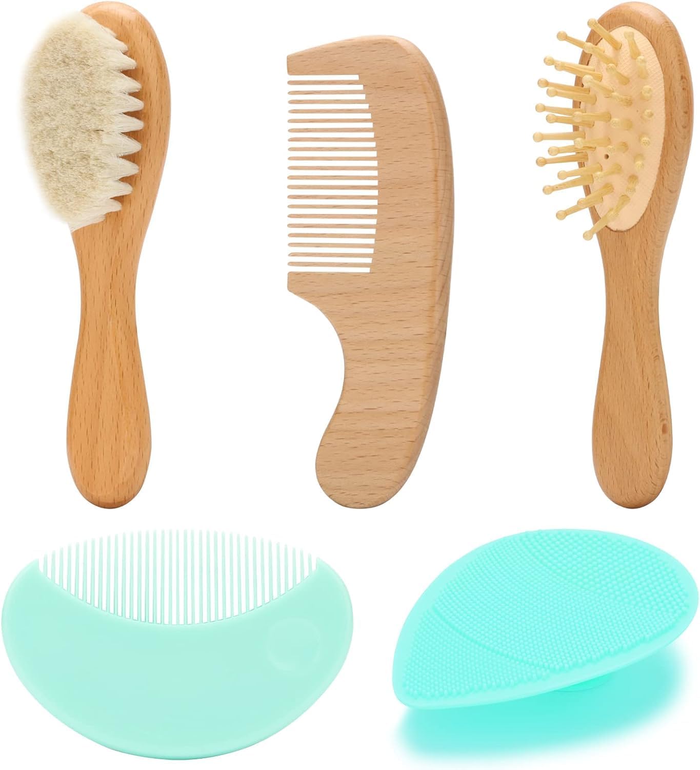 Goat Baby Hair Brush Set, Wooden Comb Massage Scalp Comb, Safe Natural Hair Care Kit, Soft Silicone Bath Brush for Newborns Toddlers (Brush Set+ Green Massager)