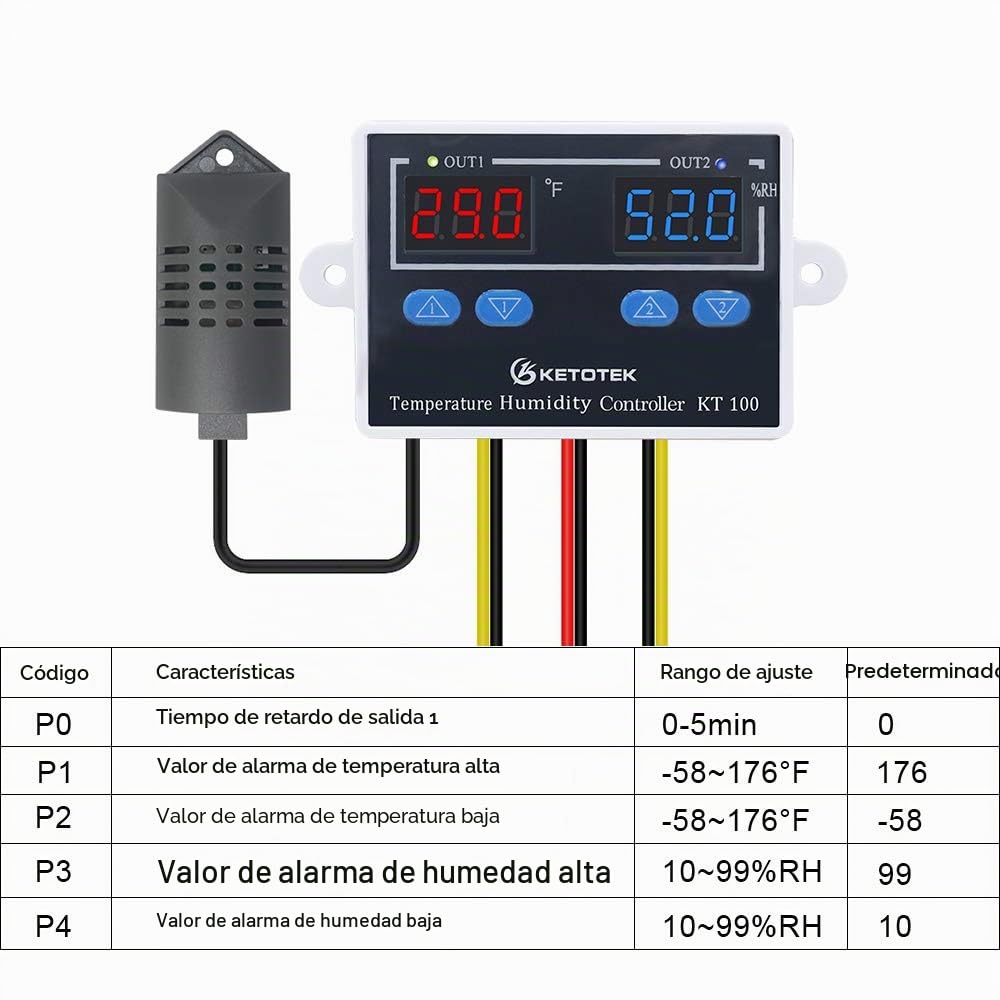 KETOTEK Controlador de Humedad y Temperatura 220V Higrostato Digital con Sonda, Termostato para Terrario Reptil Invernadero Incubadora Humidificador Deshumidificador