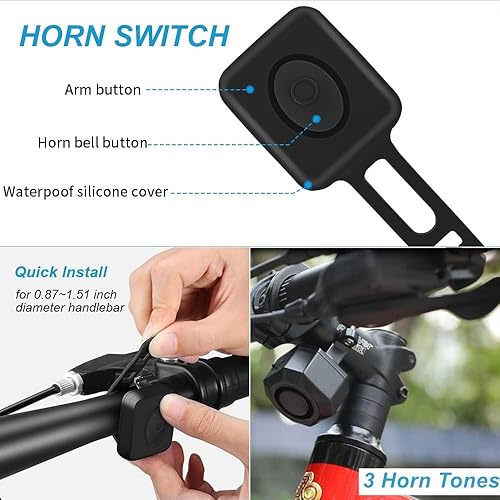Miniatura 2 de WSDCAM Alarma eléctrica recargable con mando a distancia, bocina de bicicleta de 110 dB para adultos, bocina de bicicleta impermeable con vibración,