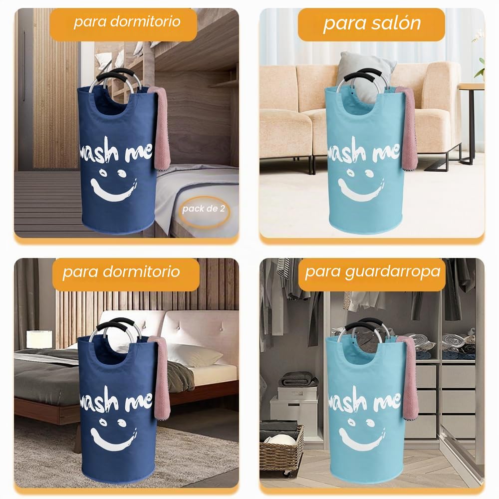 Set de 2 Independiente Cesto Ropa Sucia con 2 Asas 95L, Grande Cestos para la Colada de Tela Oxford 600D, Cesto de Almacenamiento de Ropa Plegable para Juguetes, Toallas (Azul/Azul Oscuro)