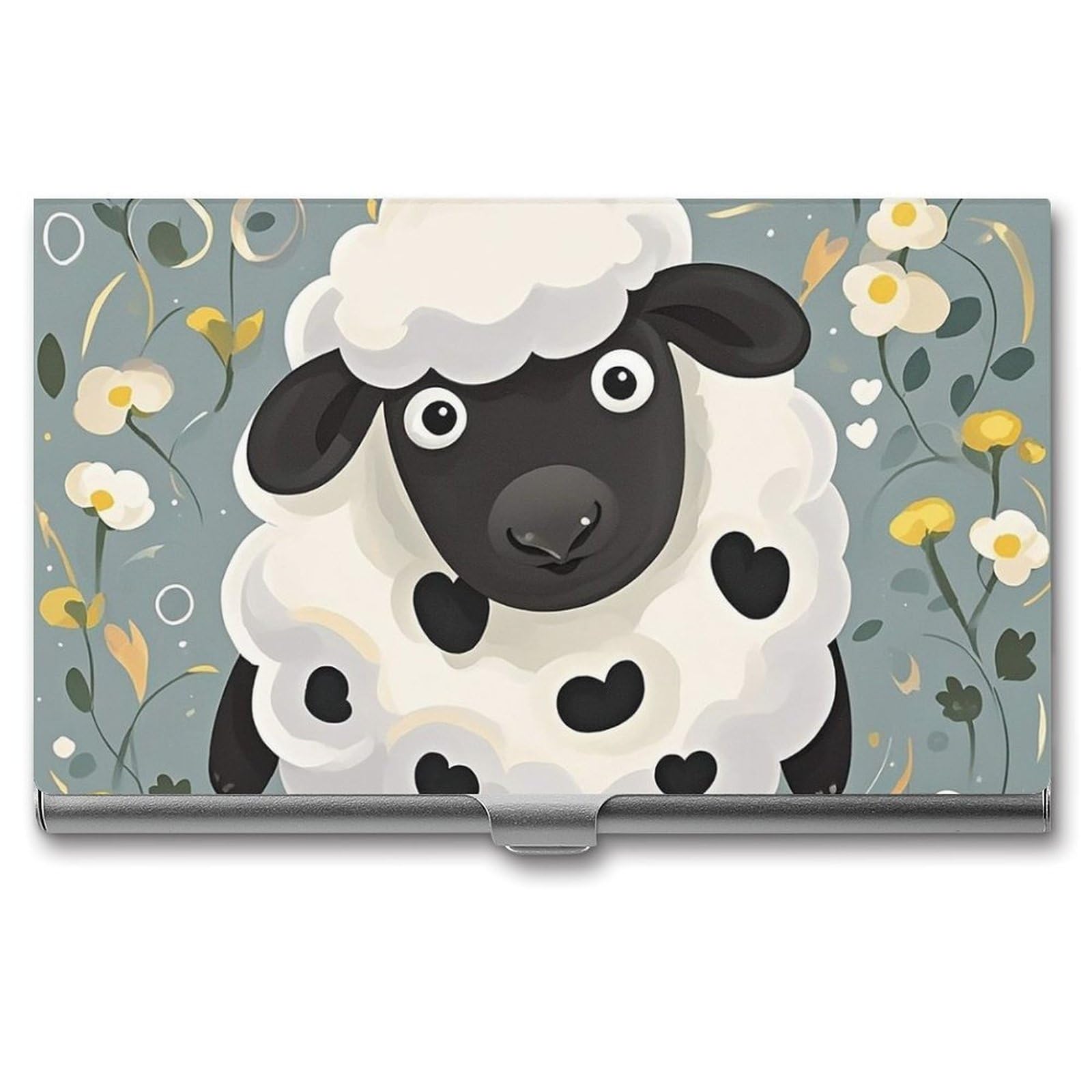 DWVTSLH Cartoon Black White Sheep Business Card Holder, Slim Portable Metal Business Card Case Pocket Wallet Professional Name Cards Holder for 22-30 Cards, Credit Card ID Case/Holder for Men Women
