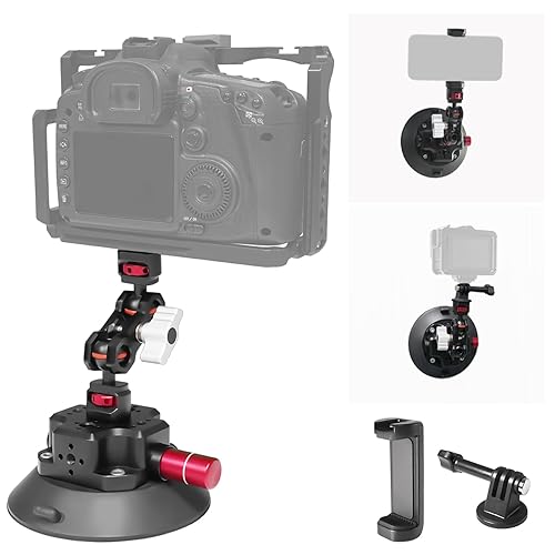 FIFIELD 4.5in Suction Cup Camera Mount with Aluminum Ball Head Magic Arm, 1/4" ARRI Holes, Quick Release Car Mount with Phone Holder & Action Cam Adapter Compatible with DJI Pocket 3 Insta360 iPhone - 4.5in Suction Cup