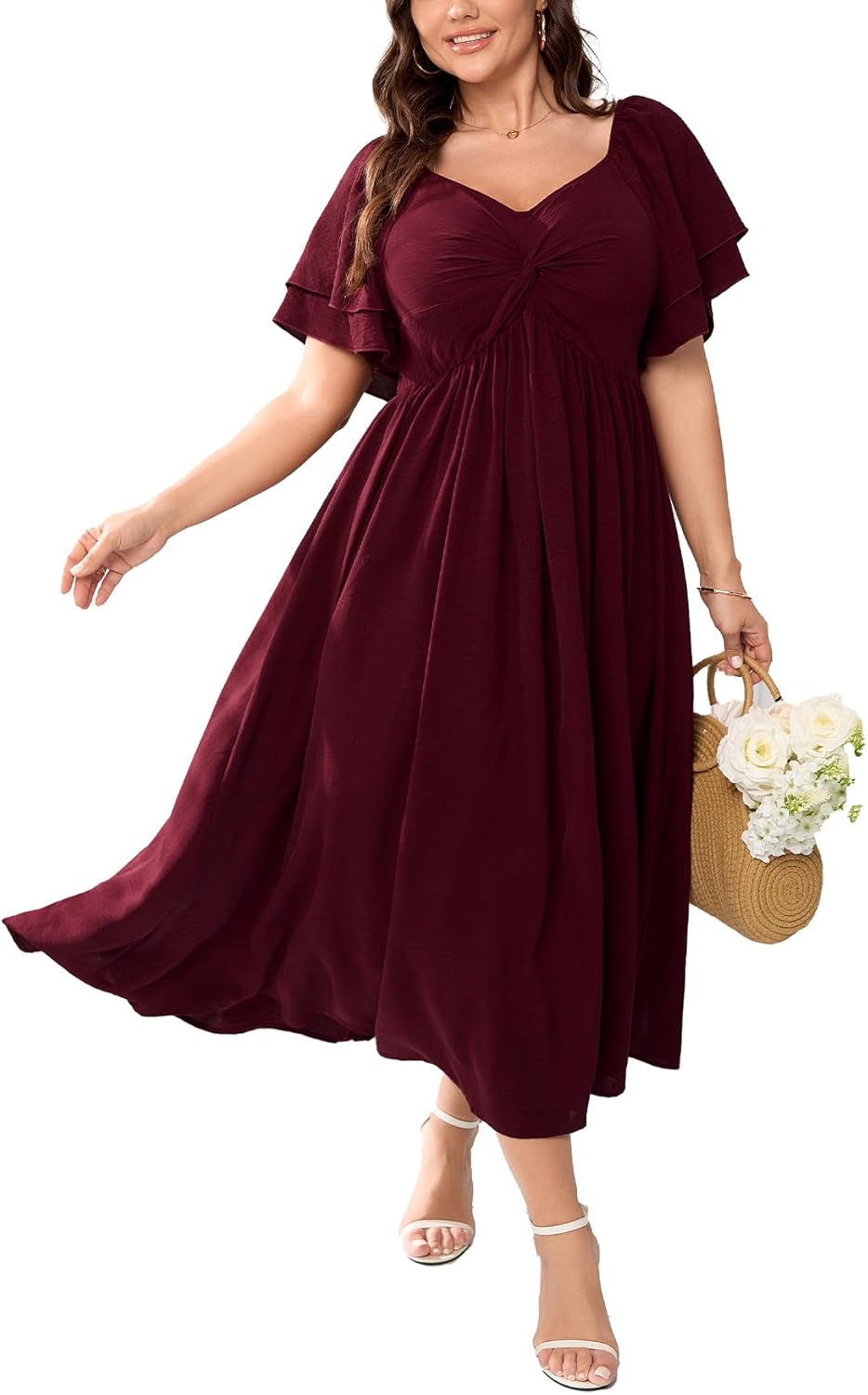 SCOMCHIC Women's Plus Size Wedding Guest Cocktail Dresses Sweetheart Neckline Ruffle Sleeve A Line Maxi Dress