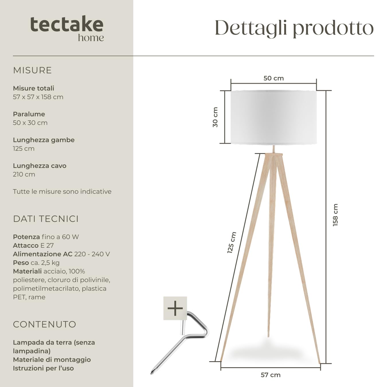 tectake® Lampada da Terra con Paralume in Tessuto Effetto Lino, Lampada con Treppiede Robusto in Acciaio, Luce Salotto con Interruttore a Pedale, Piantana Design Moderno - Rovere