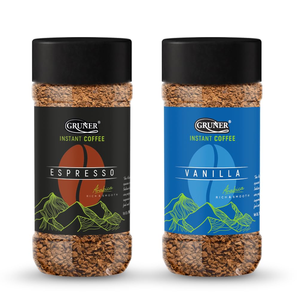 Gruner Vanilla and Espresso Instant Coffee Powder for Hot and Cold Coffee 100g | Roasted Arabica Coffee Beans | Freeze Dried | Intense Bold And Strong Flavour | No Added Sugar (Pack Of 2)