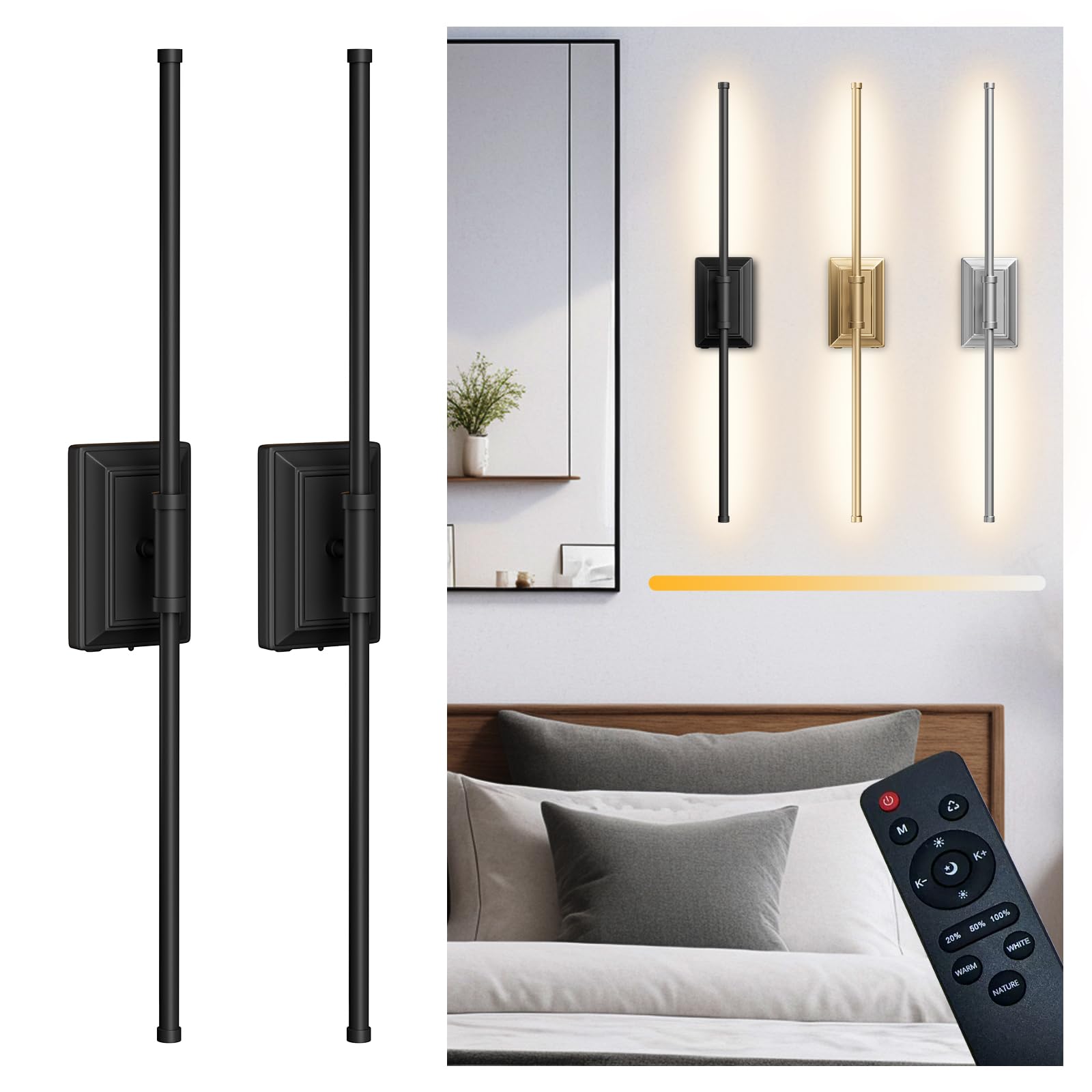 Photo 1 of ***WALL SCONCE(LIGHT BASE FOR WALL) ONLY/ LIGHTS NOT INCLUDED*** SALIOHA Battery Operated Wireless Wall Sconce - Modern Rechargeable Led Sconces in Black Gold Silver - Bedroom Decor Lights Set of 2 - Long Indoor Living Room Bathroom Remote Wall Light