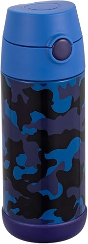 Snug Botella de agua para niños  Termo de acero inoxidable aislado con popote (niñasniños)  camuflaje azul, 12 onzas