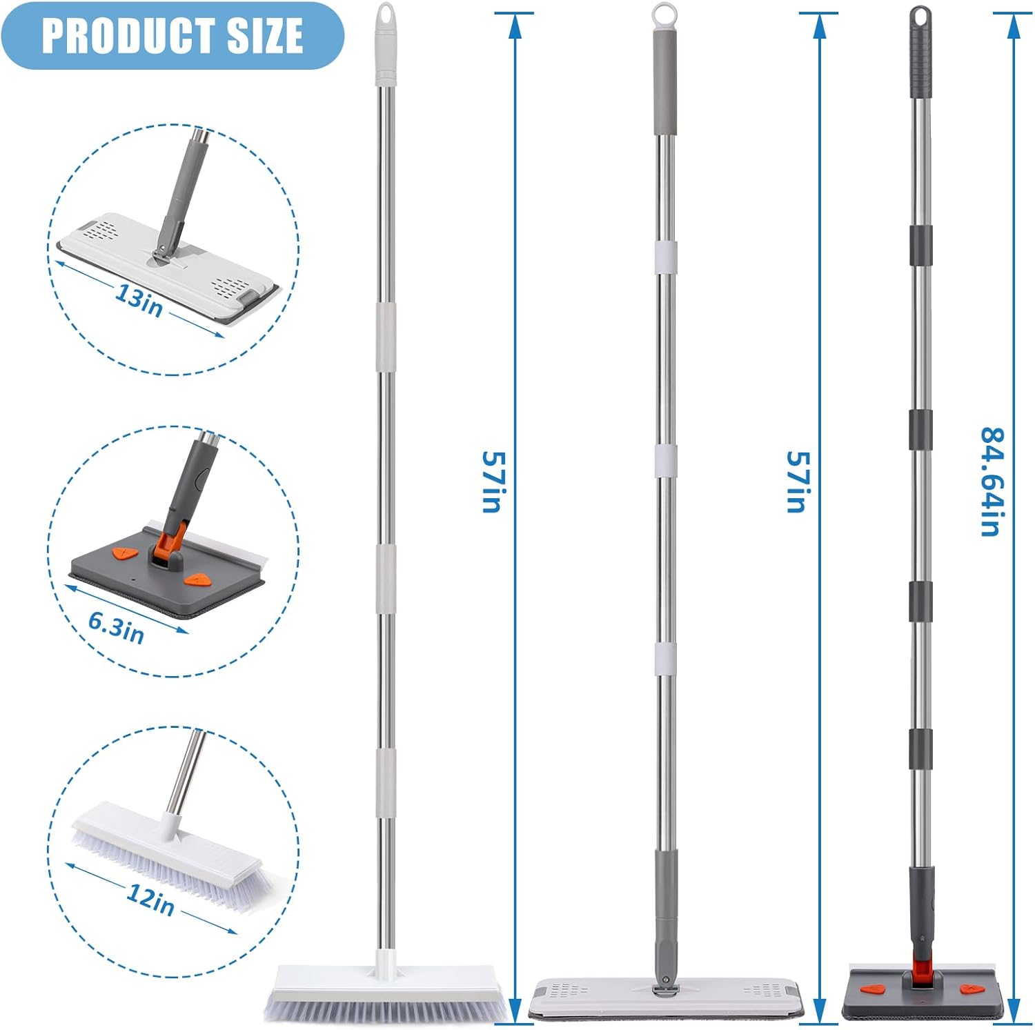 Mops for Floor Cleaning with 57" Long Handle, Scrub Brush, Baseboard Cleaner Tool with 84" Handle, 2 Reusable Pads, Wet and Dust Mopping for Hardwood, Laminate, Tile Floor, Skirting Board, 19Pcs Gray