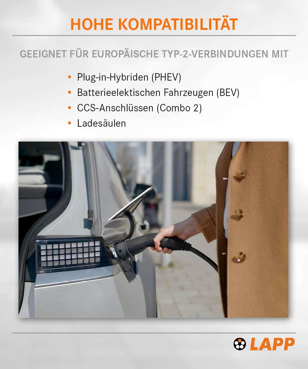 Lapp Mobility Typ 2 Ladekabel 22 KW 7m - 32a Ladekabel E Auto 3-Phasig - IP55 geschütztes Ladekabel Mode 3 - Ladekabel Typ 2 mit korrosionsresistenten Steckkontakten - geeignet für PHEV, BEV & EV
