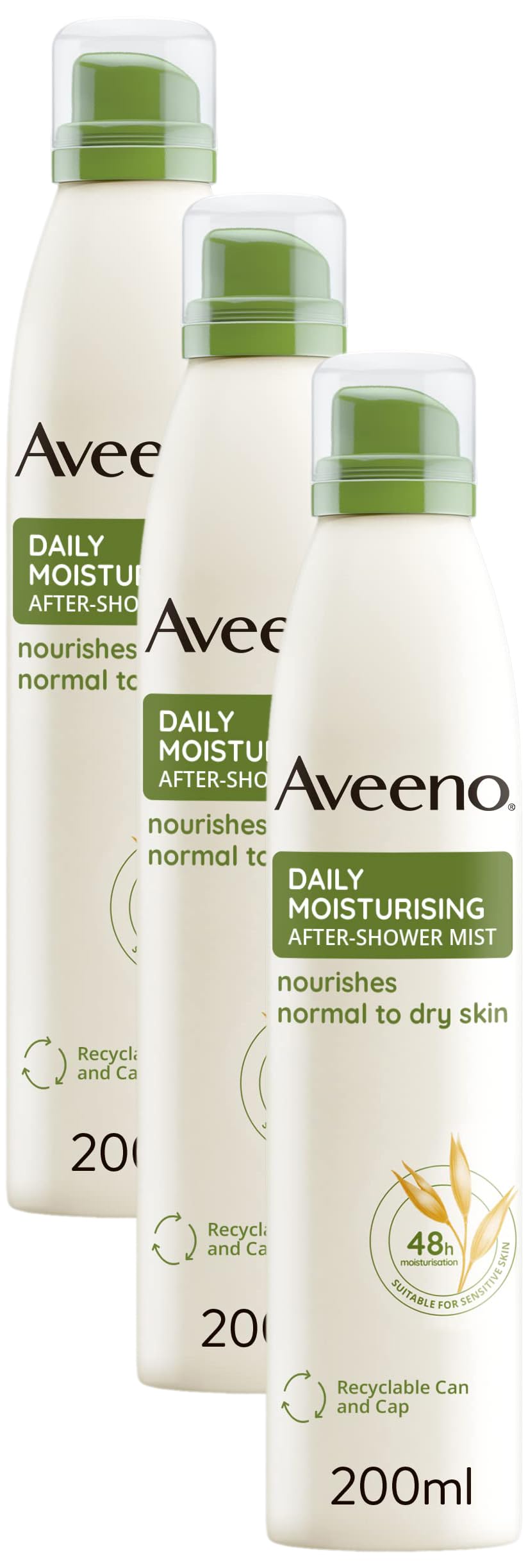 Aveeno Daily Moisturising After-Shower Mist, Formulated With Oats, Suitable For Sensitive Skin, Non-Greasy Fast Absorbing Spray, Locks In Moisture 48h, 200ml (Pack of 3)