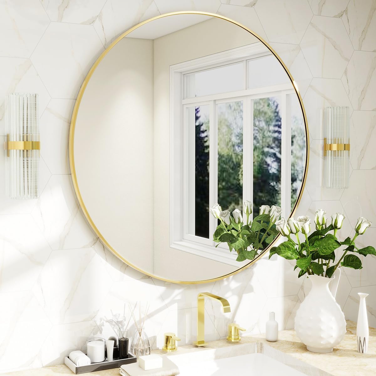 BEAUTYPEAK Round Mirror, 45cm Wall Mirror with Aluminium Alloy Frame, HD Glass that can be Hung, Suitable for Home Decor, Bathroom and Dressing Table, Gold