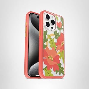 OtterBox iPhone 15 Pro MAX (Only) Symmetry Series Clear Case - QUILTED POPPIES (Red), snaps to MagSafe, ultra-sleek, raised edges protect camera & screen
