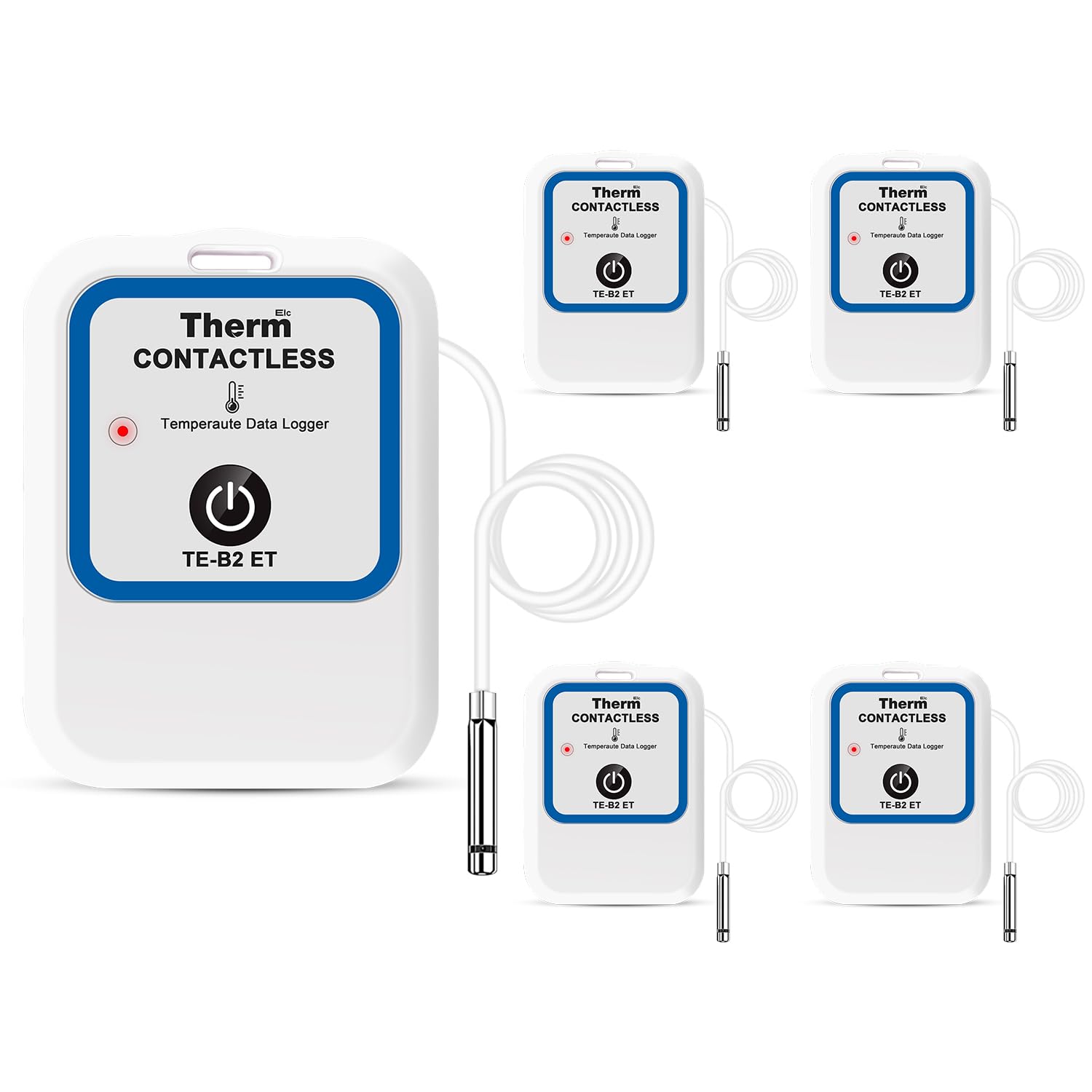 ThermElc TE-B2 ET 5-Pack registrador datos temperatura Bluetooth, kit de mapeo de almacén reutilizable con sonda externa, recopilación de datos por lotes y análisis de gradiente multidispositivo