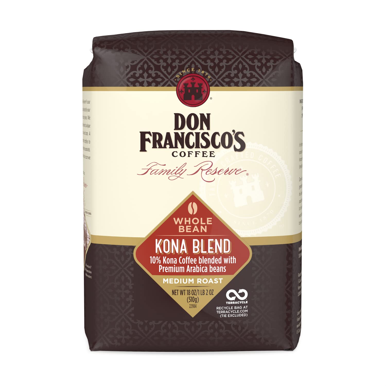 Don Francisco's Kona Blend Whole Bean Coffee, Medium Roast 100% Arabica, 18oz Bag - Floral Aroma, Fruity Notes