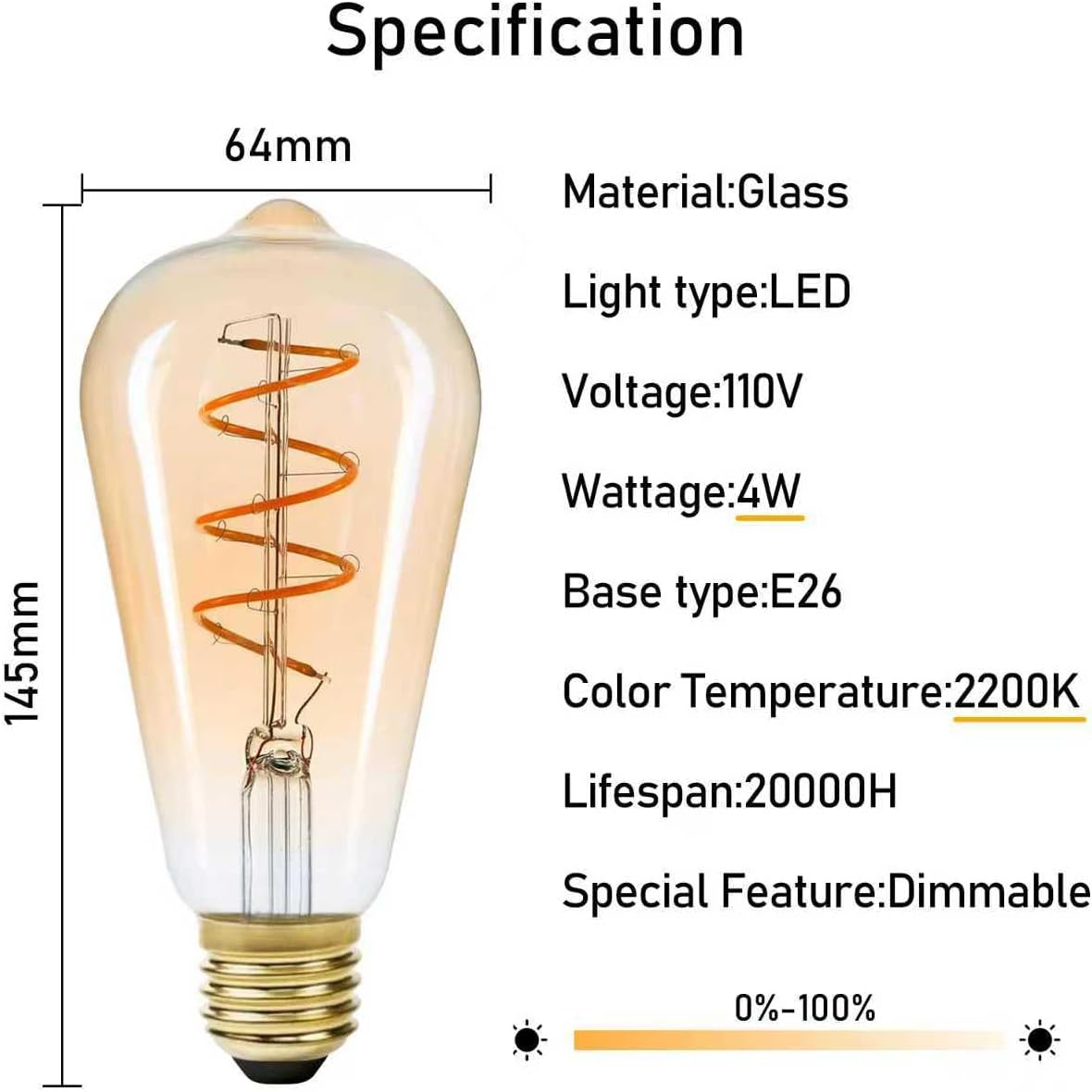 MLOQI 3 Pack E26 Vintage LED Light Bulb, 2200K, 4W, Dimmable Edison Light Bulb