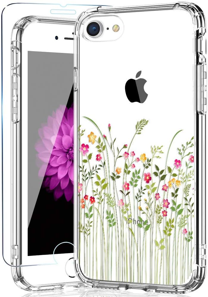 KINFUTON iPhone SE Case 2020,iPhone 8 Case,iPhone 7 Case with Screen Protector,Girls Women Flowers/Floral Cover Hard PC Back and Soft TPU Bumper Slim Clear Phone Case for iPhone 8 iPhone 7/iPhone SE