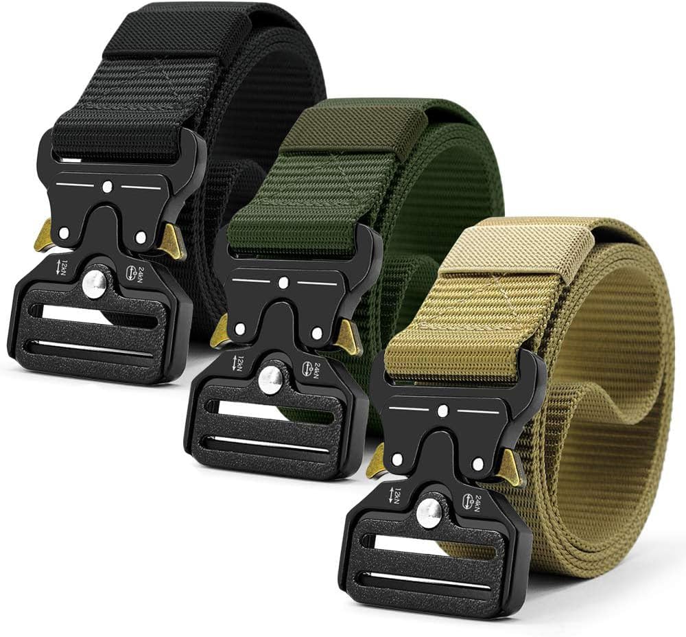 3 Pack Military Style Tactical Belt for Men, Quick Release Metal Buckle, 1.5" Heavy-Duty Nylon Riggers Belt, Webbing Web Belt