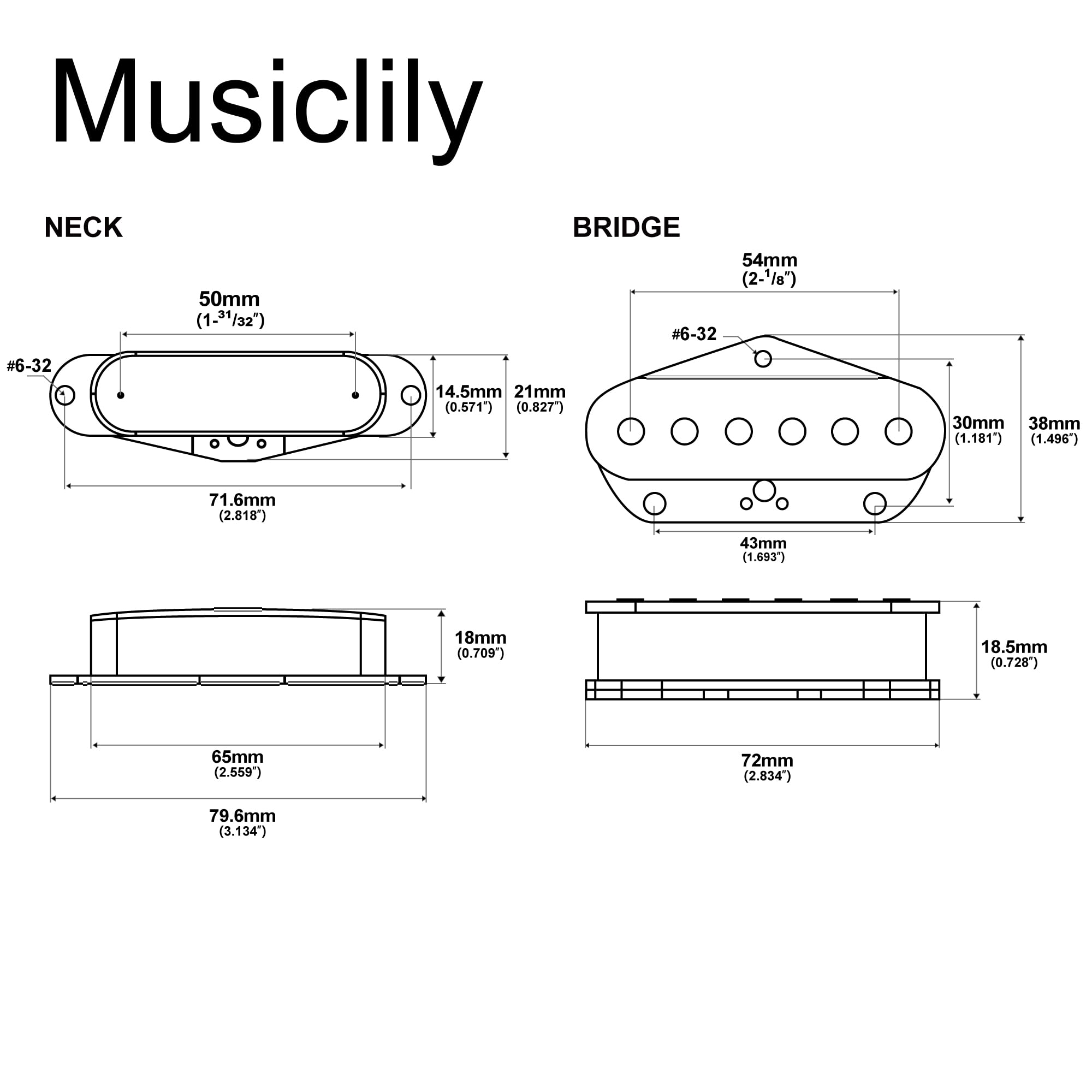 Musiclily Pro TL-60S Alnico 5 Przetwornik Single Coil Neck Bridge Pickups Set 8K/7,3K do Gitary Elektrycznej typu Tele, Czarny
