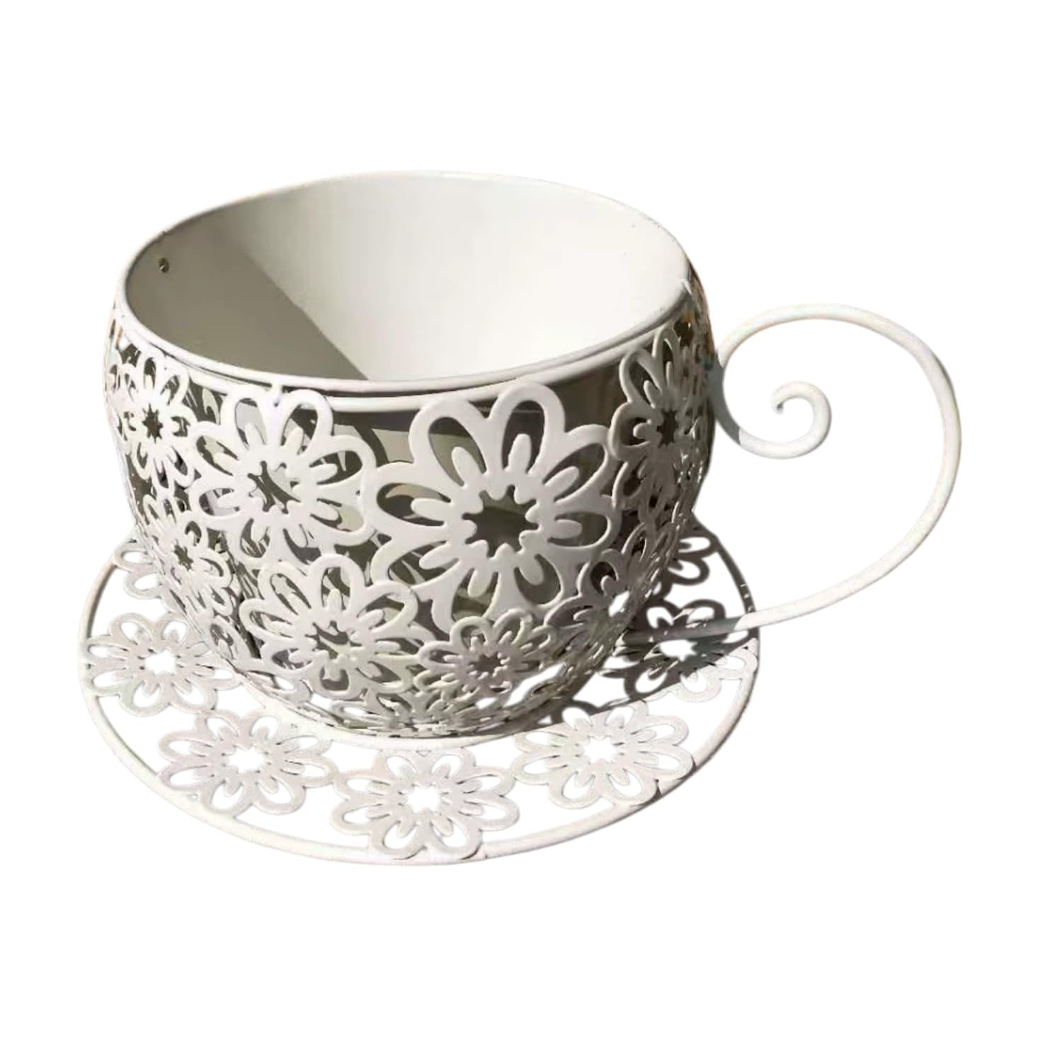 Easnea Rustic Iron Tea Cup Planters Coffee Cup Planter Teacup Flower Pot Garden Planter Vintage Succulent Plant Holder with Saucer, Funny Gardening Planter for Indoor Outdoor Use, White