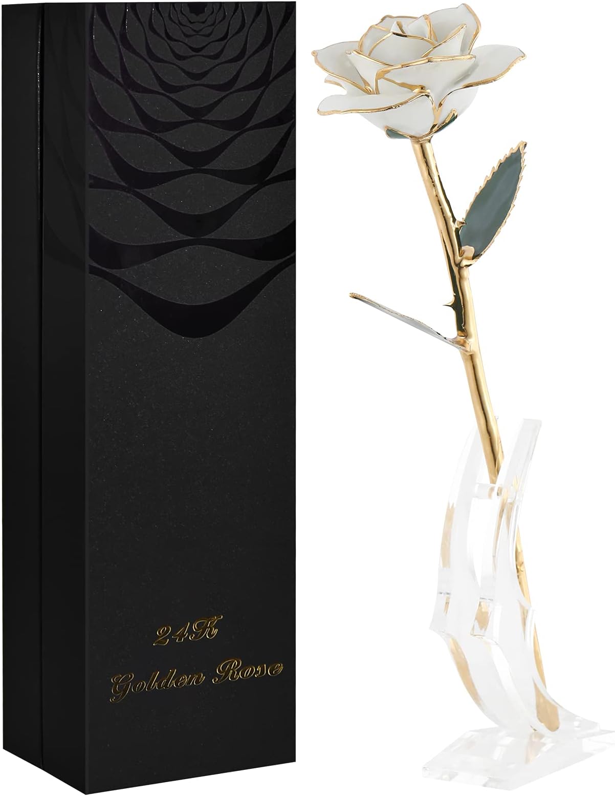 SW White Gold Rose Gifts for Women,24k Gold Dipped Real Rose Lasted Forever with Stand for Her,Christmas,Valentines Day, Mothers Day, Birthday