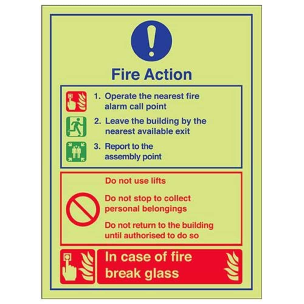 V Safety Glow In The Dark Fire Action/Proceed To Assembly Point Break Glass Sign - 150mm x 200mm - Self Adhesive Vinyl