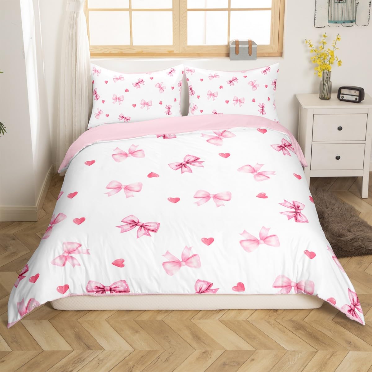Homemissing Kawaii Pink Bow Kids Bedding Set,Boys Girls Single Size,Cute Coquette Bow Knot Duvet Cover,Girly Ultra Soft Comforter Cover,Bowknot Bedclothes Princess Style Bedroom Decor - Image 2