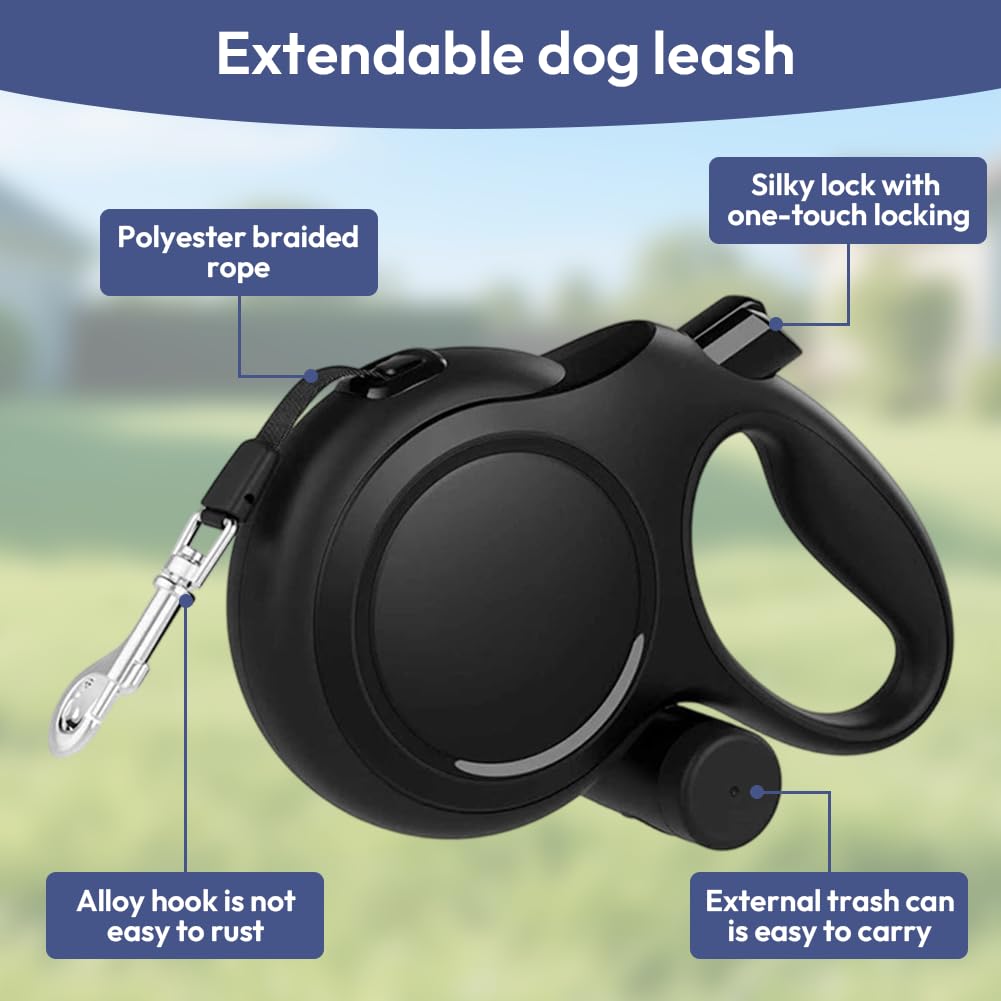 Hundeleine 8m, Einziehbare Hundeleine, Rollleine für Hunde, Rollleine mit Kotbeutelhalter, mit Bissfesten Stahlseil, Anti-Rutsch-Griff & Schnellbremsknopf, für Training, für Hunde bis 50 kg (Schwarz)
