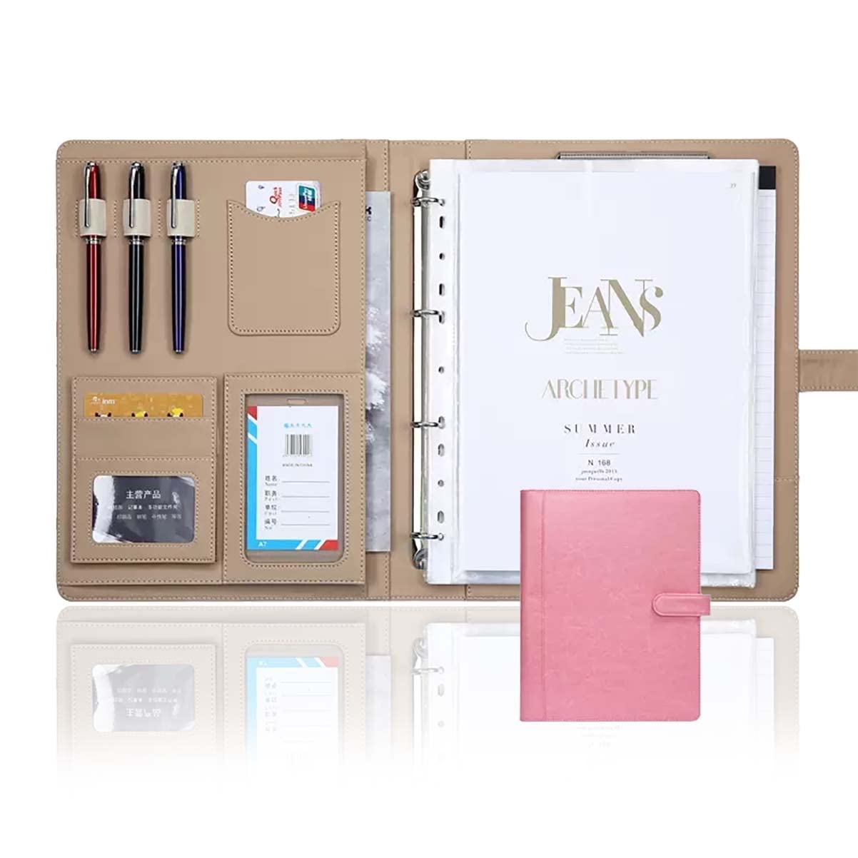 Padfolio Organizer Binder, portfolio, Portafoglio A4 Blocco note aziendale in pelle PU Raccoglitore a 3 anelli Formato lettera Cartella organizer for curriculum for interviste Documenti legali(Pink,No