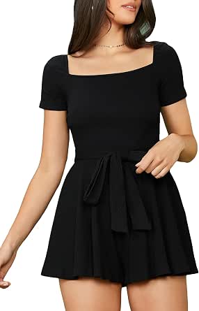 Women's Square Collar Short Sleeve Jumpsuit