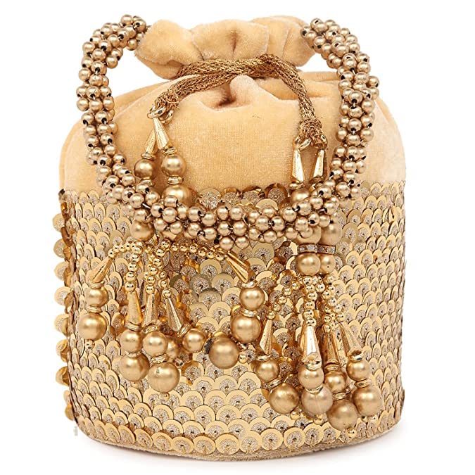Potli en velours blanc cassé brodé de paillettes pour femme taille unique