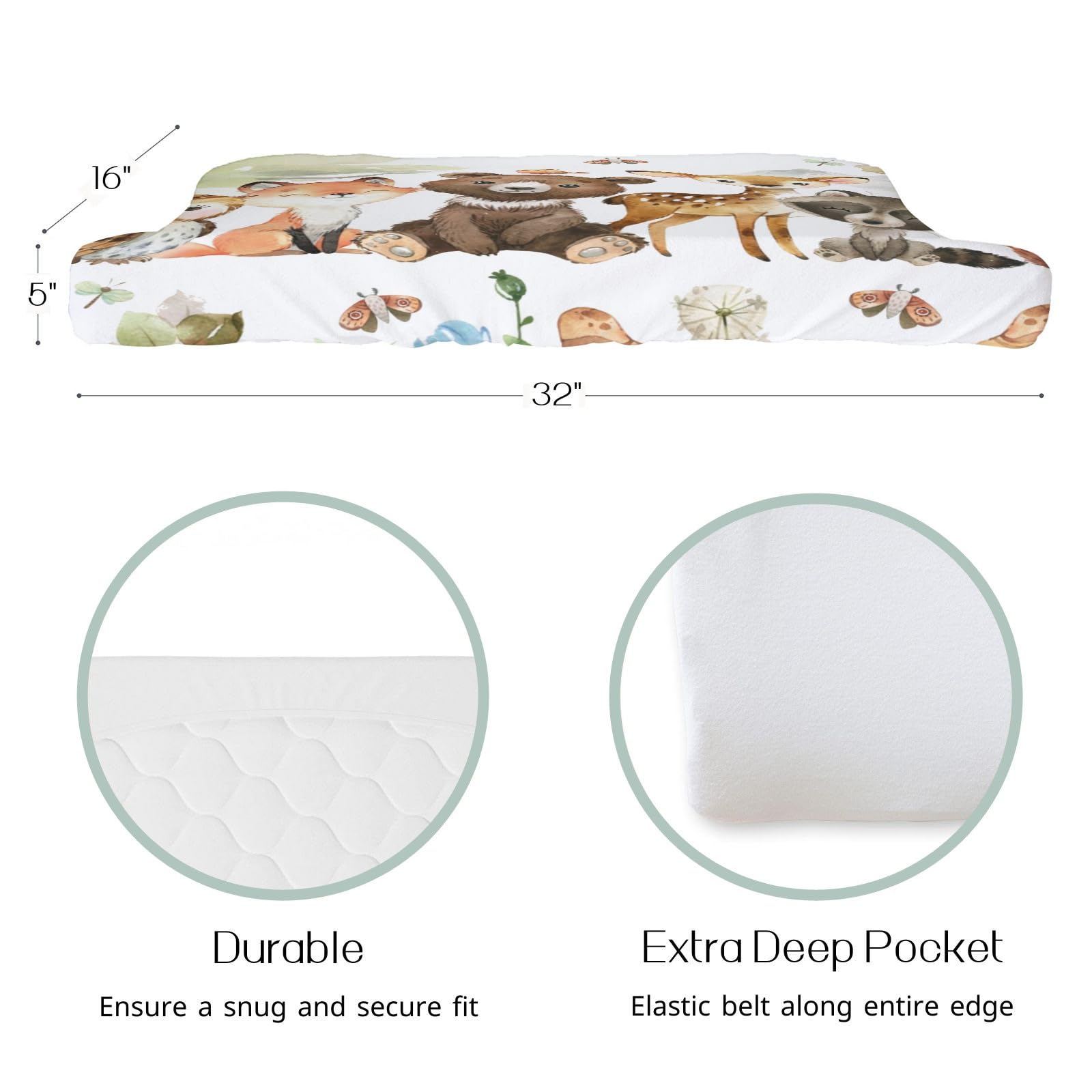 Funda para cambiador de pañales de animales para bebé, niña, niño, bosque natural, ciervo, oso, zorro, búho, cambiador, suave, elástico, seguro, cómodo, ajustable para cambiador, 32 pulgadas 2