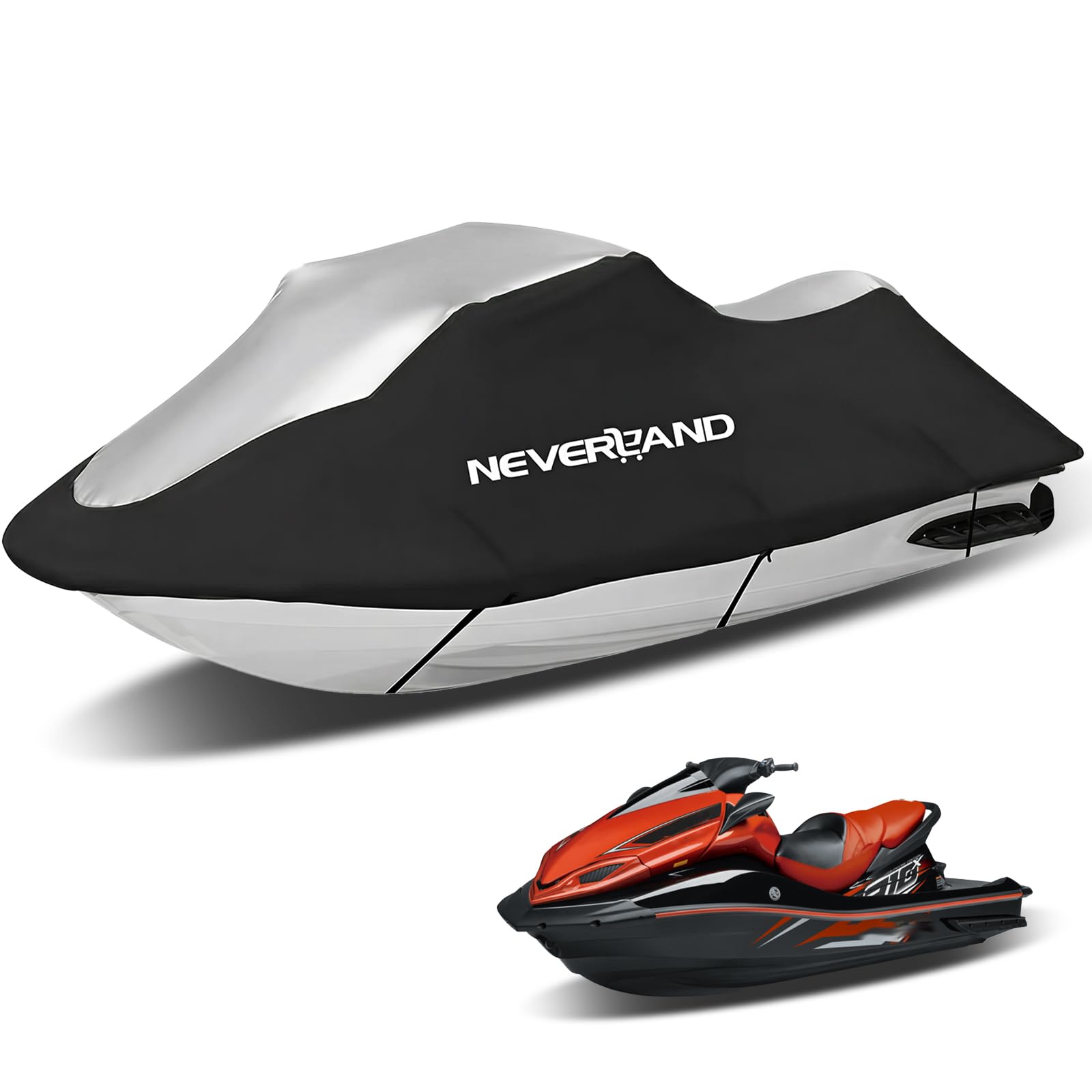 NEVERLAND Trailerable pokrowiec na skutery wodne, 3 siedzenia, wytrzymały, wodoodporny, 210D, z 2 otworami wentylacyjnymi, odporny na promieniowanie UV, pasuje do Yamaha Sea-Doo Kawasaki do 342.9 cm