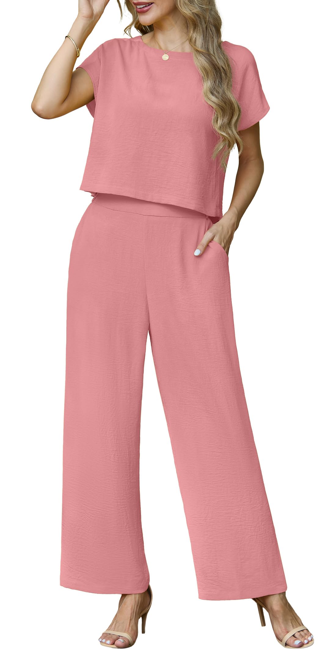 Lepunuo 2 Piece Sets for Women Summer Cap Sleeve Crop Top Wide Leg Pants Matching Lounge Set Vacation Beach Travel Outfits