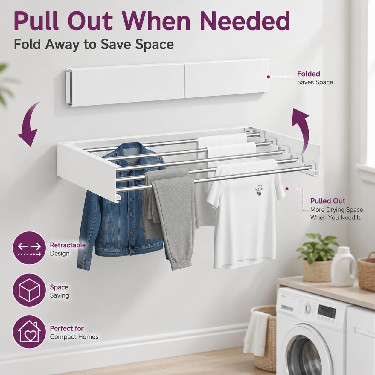 Wall Mounted Clothes Drying Rack, Foldable Retractable Laundry Rack with 5 Rods, 50 lb Capacity, Space Saving