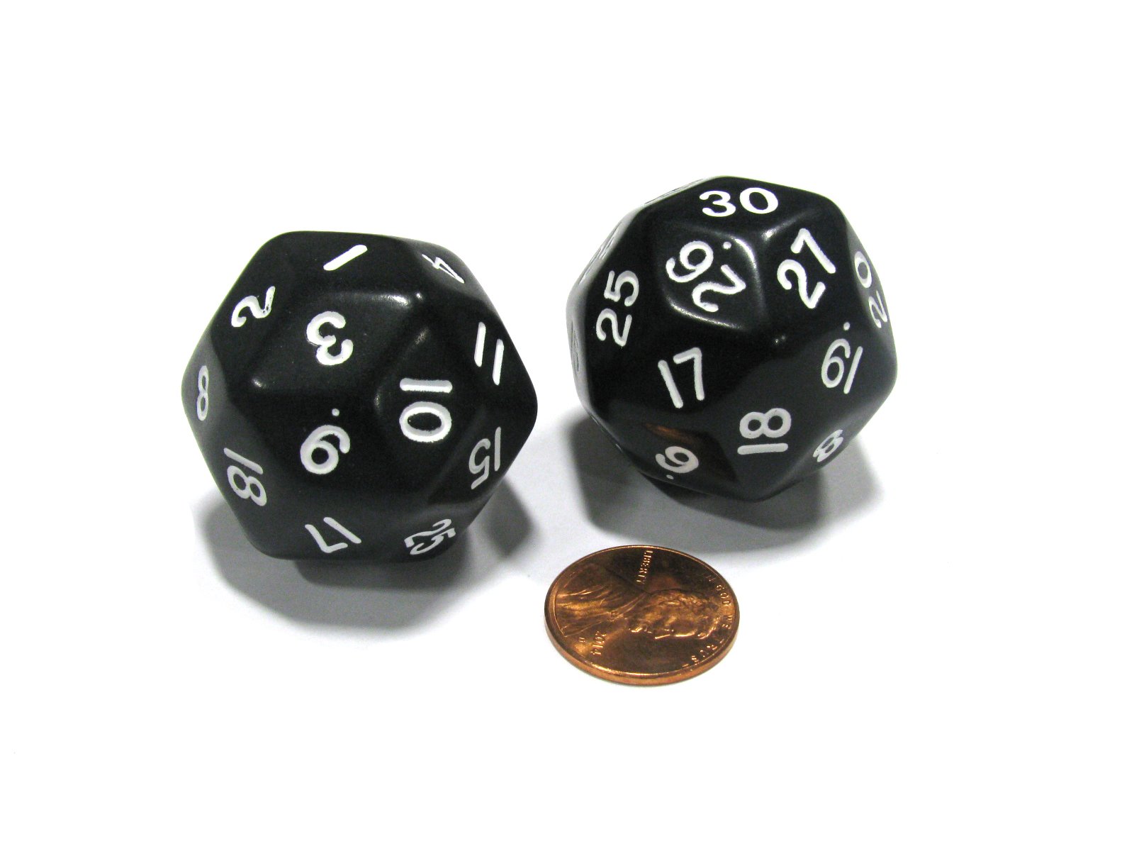 Koplow Games Set of 2 Triantakohedron D30 30 Sided 33mm Jumbo Dice - Black w White Numbers