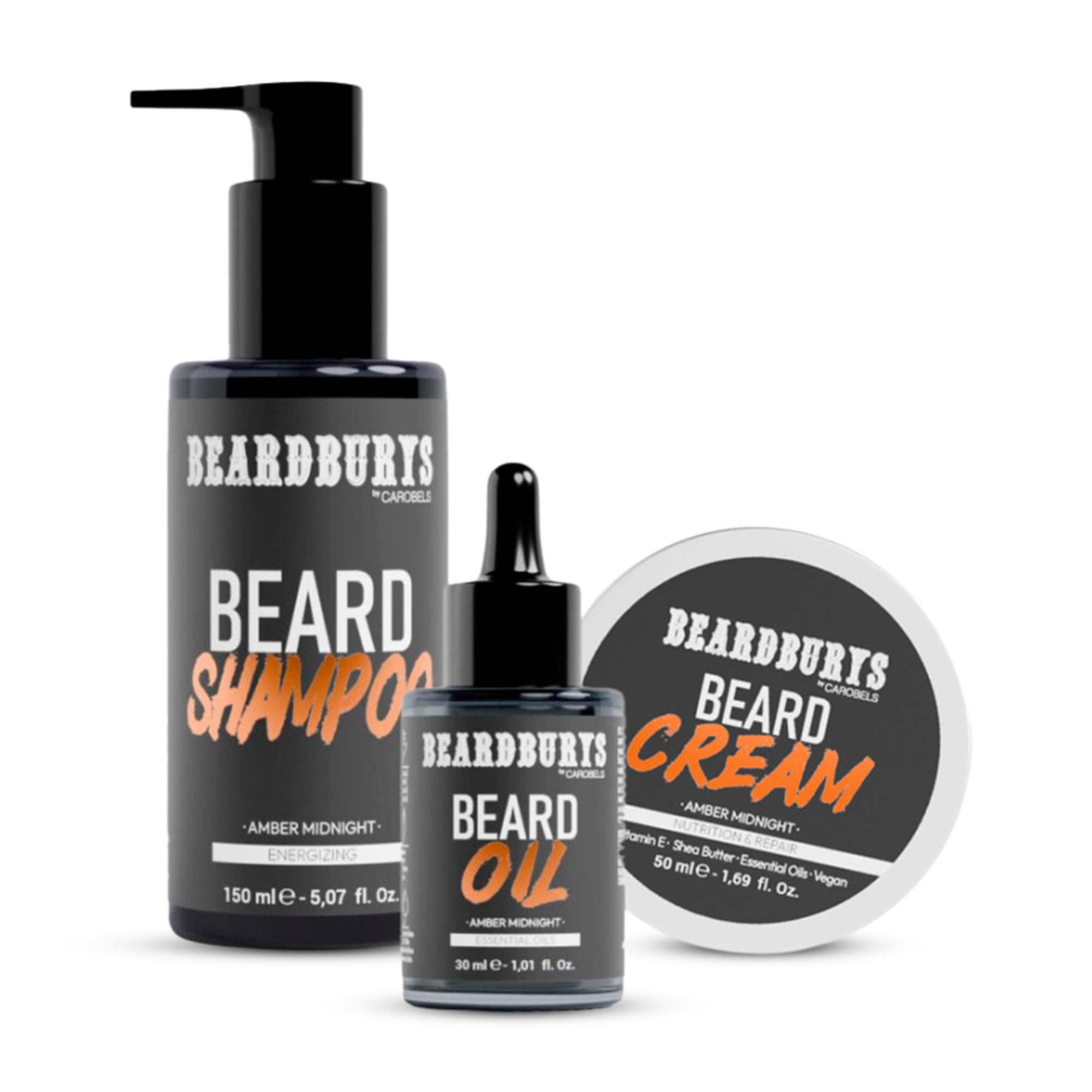 Beardburys Beard Grooming Kit for Men, Shampoo, Oil and Cream Care Set Gift | Beard care set with beard shampoo, beard oil and beard cream. Hydrating and nourishing with amber midnight fragrance.