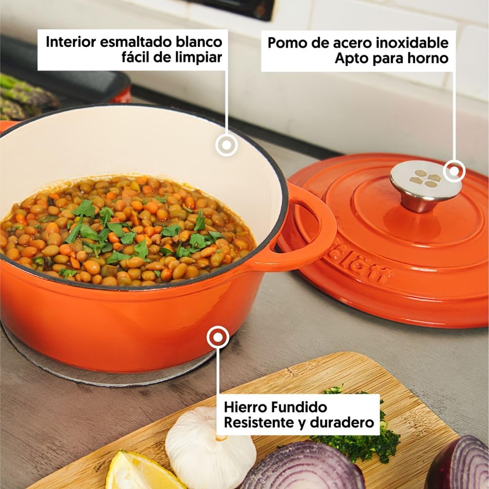 Cocotte Hierro Fundido Esmaltado Naranja. Olla Ovalada 33x11 CM - 6 L. Elegante, Resistente, Especial para Inducción y Apta para todos tipo de Cocina