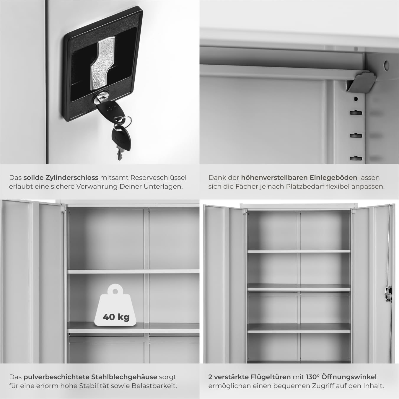 tectake® Aktenschrank, Büroschrank abschließbar, Mehrzweckschrank aus Stahl, Allzweckschrank mit 2 Türen, inkl. 3 höhenverstellbare Einlegeböden, Aktenschrank abschließbar 180x80x40 cm - grau