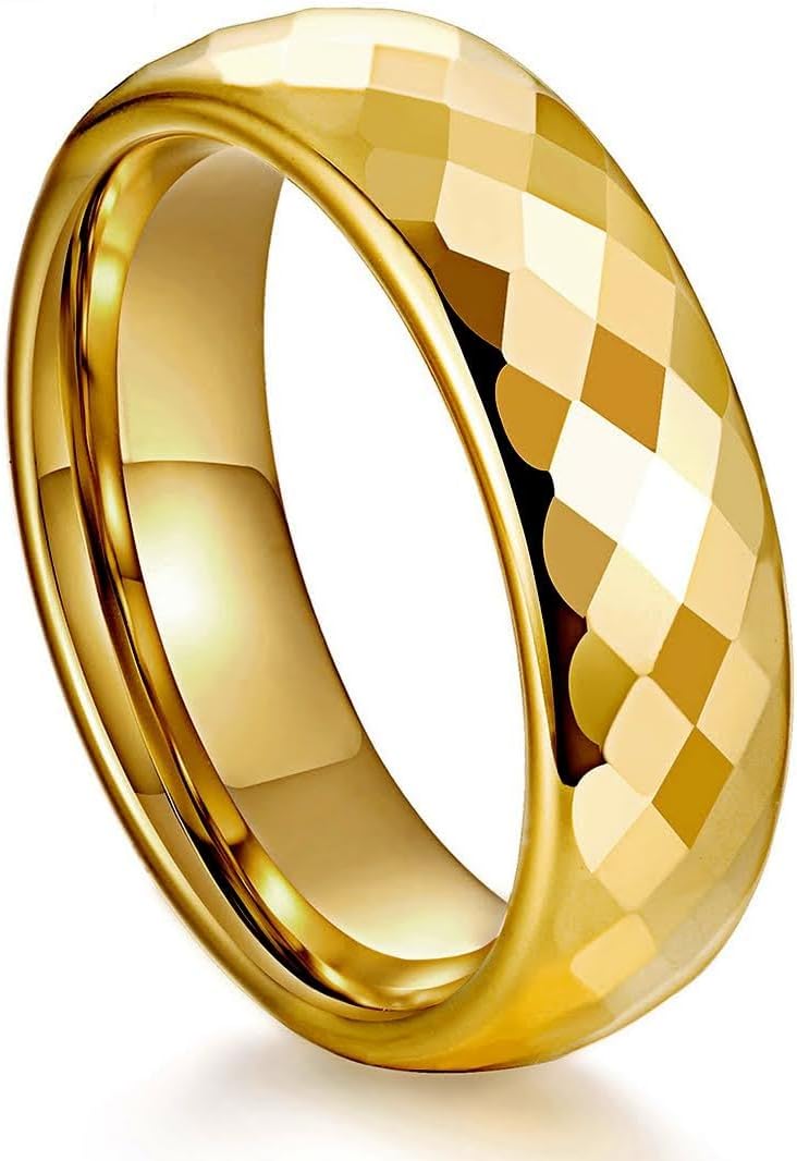 QUEENWISH Men Women’s Tungsten Carbide Ring – Gold Plated, Faceted Comfort Fit Wedding Band, 4mm width Size 4-10