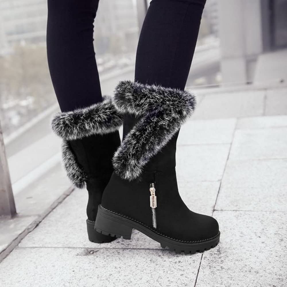 Onewus Damen Winterstiefel mit halbhoher Wade, warmem Kunstpelz und niedrigem Chunky Heel