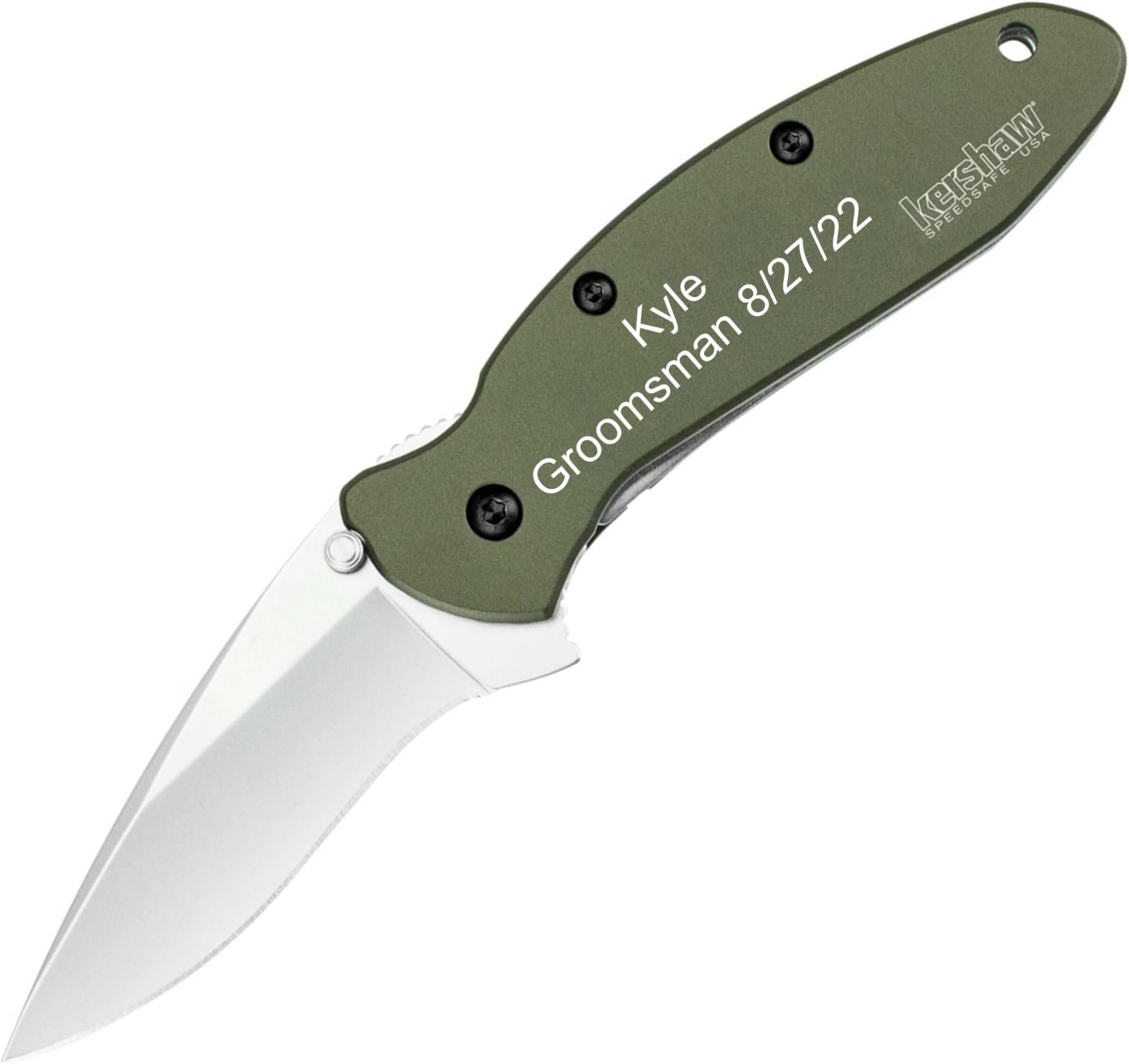 Engraved Kershaw Scallion 1620OL Pocket Knife Gift for Men, Folding Knife for Hunting, Fishing, Camping, Everyday Carry - 2.25-inch Stainless Steel Blade, 3.5-inch Aluminum Handle
