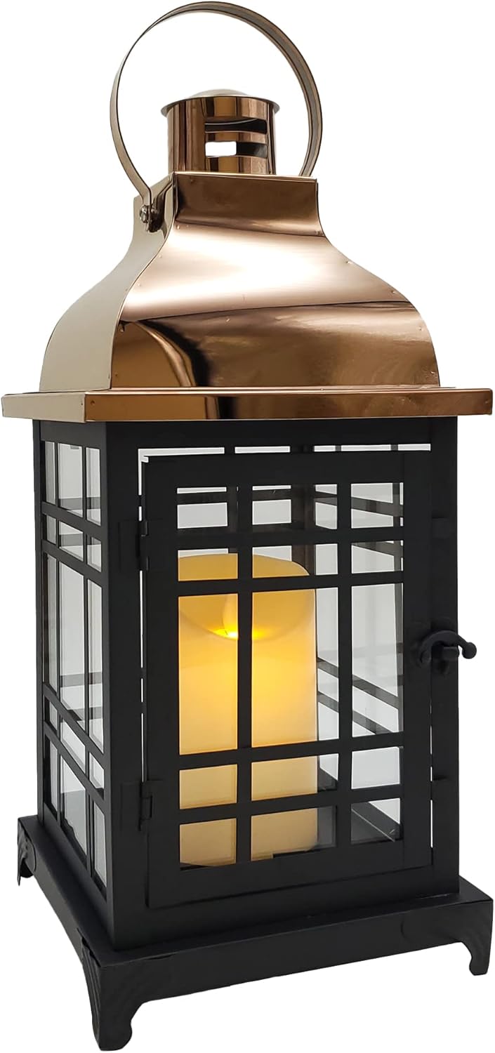 LumaBase Metal Lantern with Flickering Flame LED Candle - Black with Copper Roof