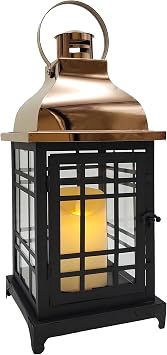 LumaBase Metal Lantern with Flickering Flame LED Candle - Black with Copper Roof