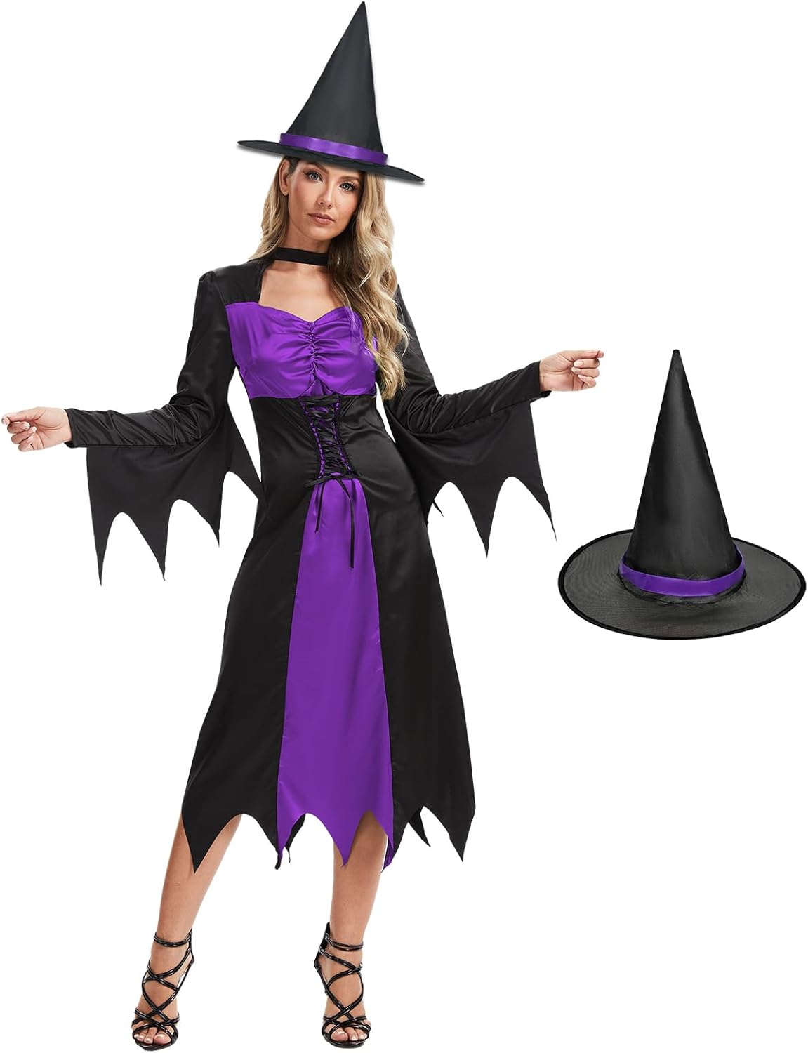 Witch Costume Women Wicked Witch Dress with Hat Halloween Adult Vampire Costumes for Women (Purple, Small)