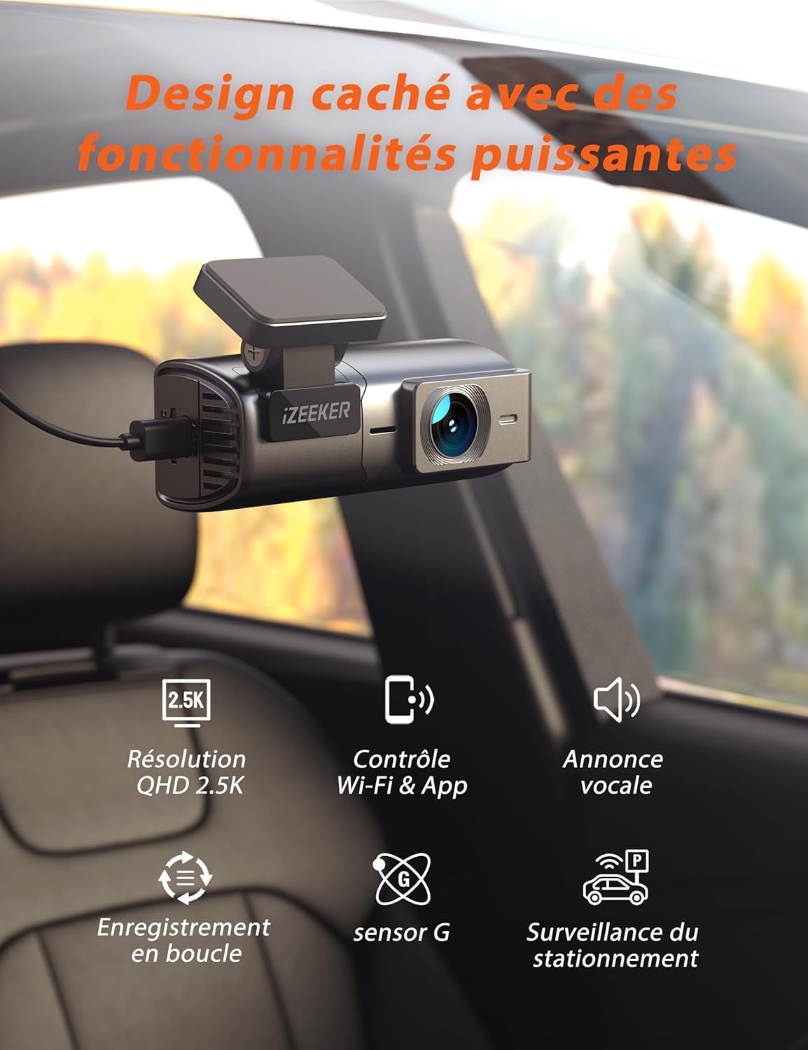 iZEEKER 2.5K Dashcam Voiture, Camera Voiture 1440P WiFi, Mini Dash Cam Avant avec App Contrôle, Vision Nocturne, WDR, Capteur G, Enregistrement en Boucle, Mode Parking 24H