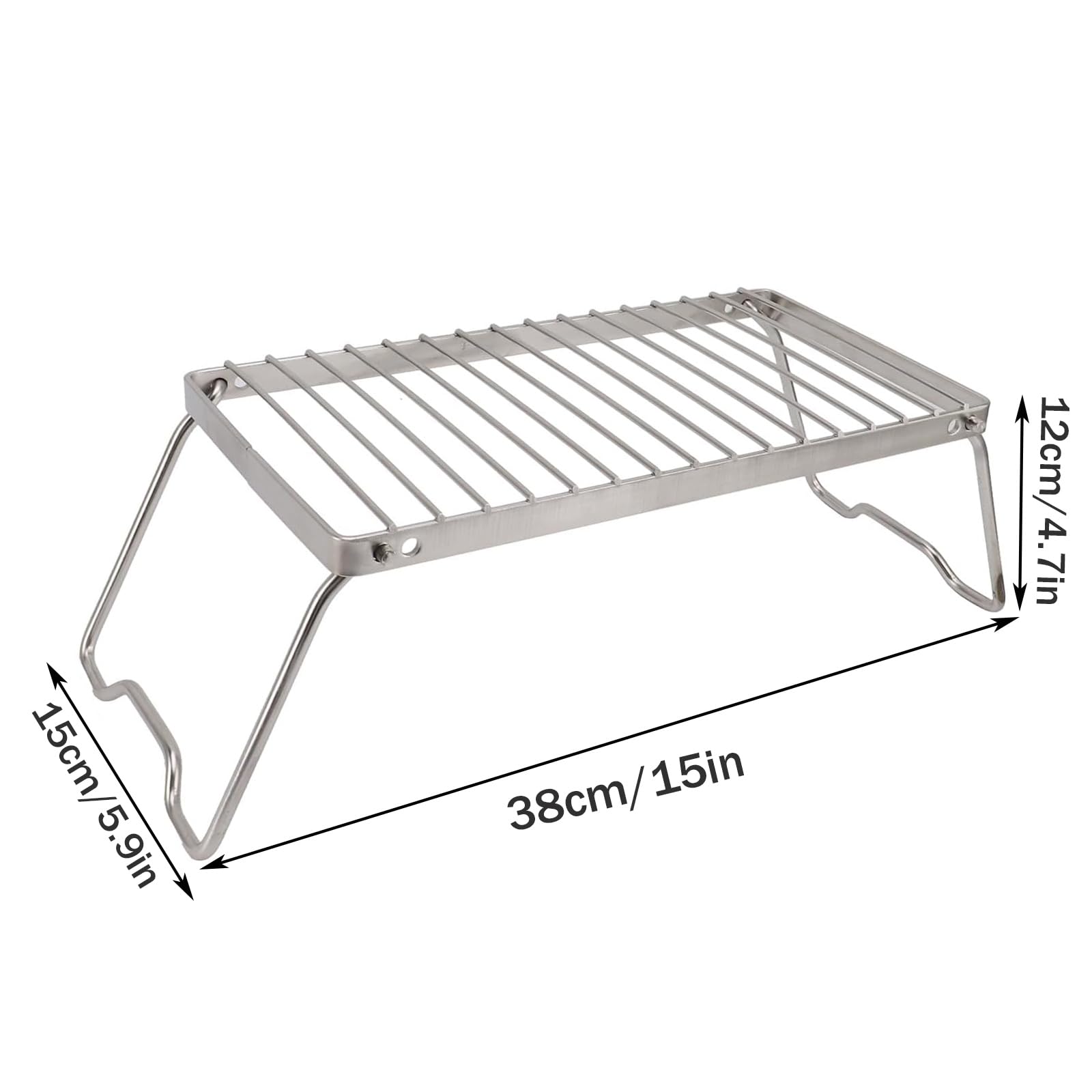 38x15CM Supports de cuisson pour feu de camp en acier inoxydable, Grille de camping portable avec hauteur réglable, Grille de feu de camp pliable pour les voyages en sac à dos