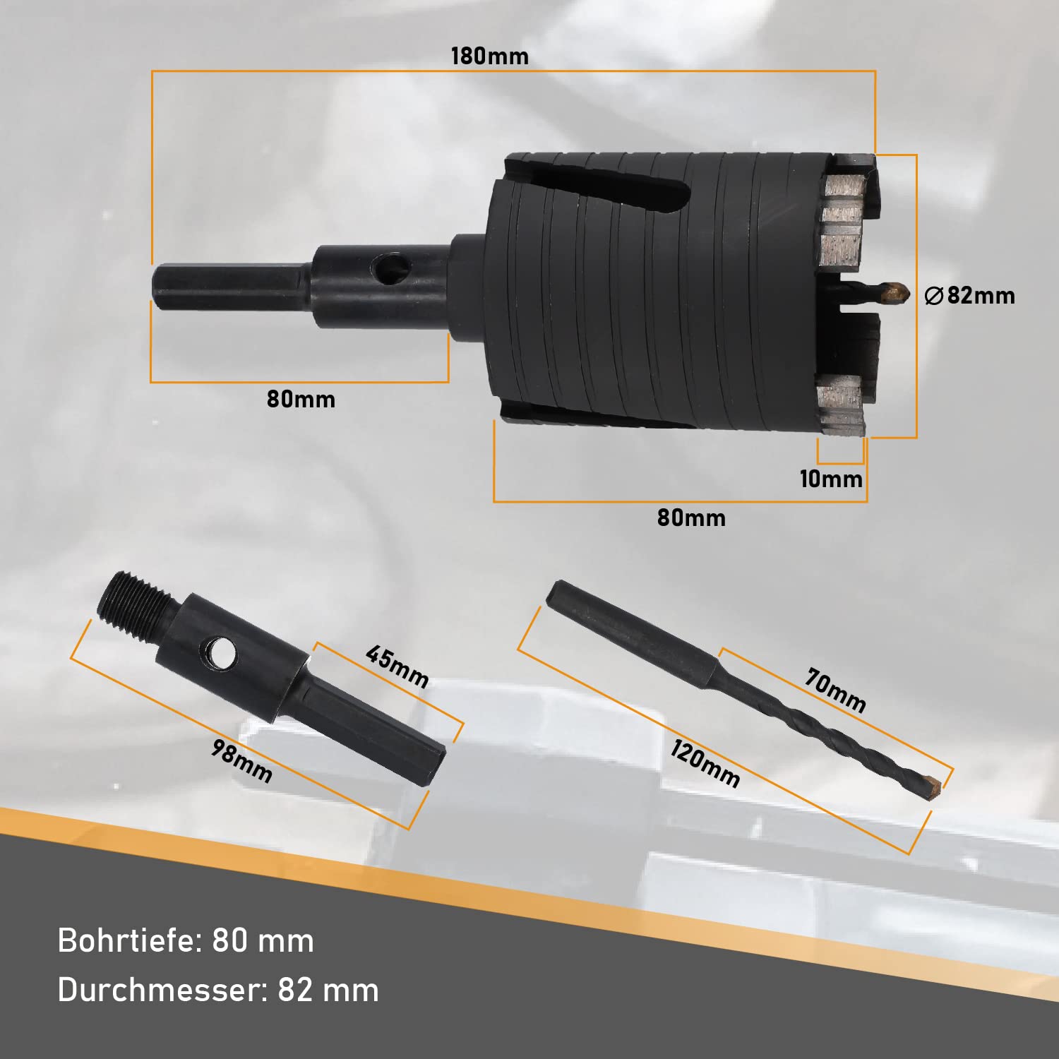 BTEC – Diamant Dosensenker 82 mm mit M16-Aufnahme + 80 mm Nutzlänge – Dosenbohrer für Mauerwerk, Kalksandstein, Ziegel, Poroton, Putz uvm. – Diamant Bohrkrone inkl. Zentrierbohrer + Sechskant Adapter