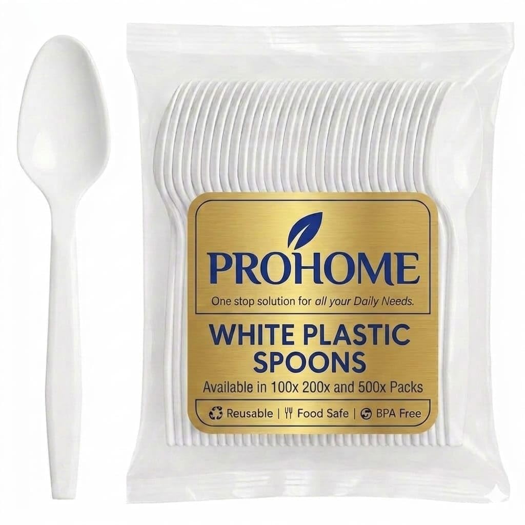 ProHome Reusable Plastic Tablespoons Pack of 100 – Premium Table Spoons, Dessert & Cereal Spoons Cutlery, BPA-Free, Durable & Dishwasher Safe for Daily Use (500)